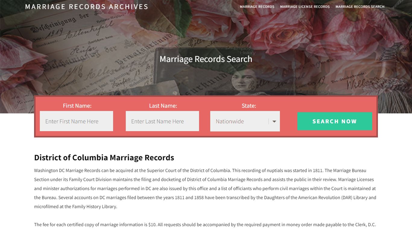 District of Columbia Marriage Records | Enter Name and Search